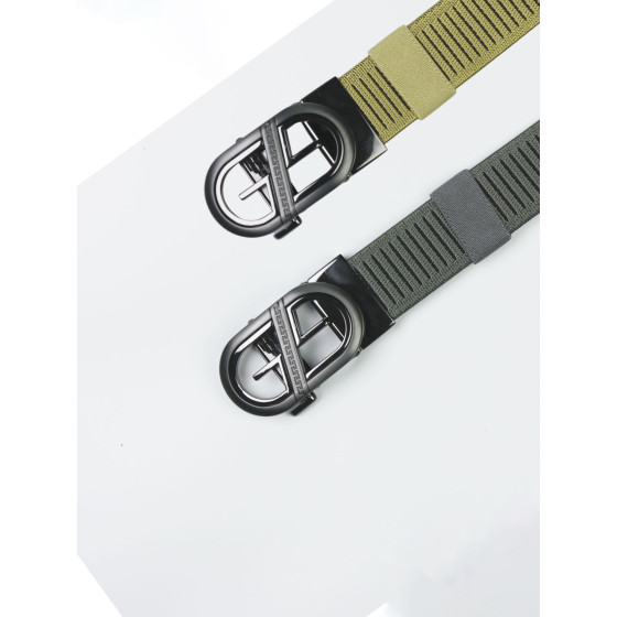 Tactical Hollow Oval Chain Engraved Pin Buckle Stretch Nylon Webbing Belt, Wrinkle Resistant Breathable Adjustable Canvas Belt for Hiking Travel Casual Outfits