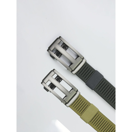 Double Hollow Slot Automatic Ratchet Buckle Tactical Elastic Striped Nylon Webbing Belt, Hole-Free Adjustable Breathable Canvas Waist Belt Unisex for Hiking Hunting Outdoor Work Casual Jeans