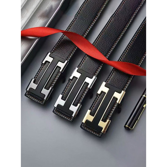 Luxurious double-color H-shaped automatic ratchet belt, with litchi-patterned textured leather belt, suitable for both formal and casual wear
