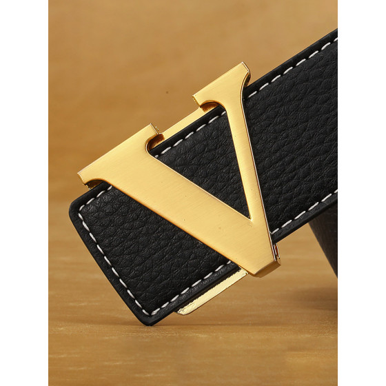 Men's Split Leather Pin Buckle Belt, Letter V Metal Buckle Pebble Grain Casual Dress Waist Belt, Multiple Colors Available for Business Jeans Outfits