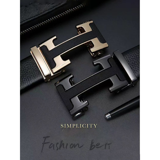 Men's Split Leather Ratchet Belt, Two-Tone H Letter Automatic Slide Buckle Dress Belt, Adjustable Hole-Free Waist Strap for Business Casual Jeans