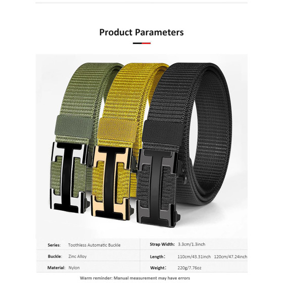 Toothless Automatic Ratchet Nylon Belt for Men, H Shape Two-Tone Zinc Alloy Buckle Adjustable Breathable Woven Strap Casual Outdoor Waist Belt
