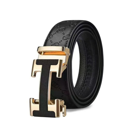 Men's Split Leather Ratchet Belt, Two-Tone H Letter Automatic Slide Buckle Dress Belt, Adjustable Hole-Free Waist Strap for Business Casual Jeans