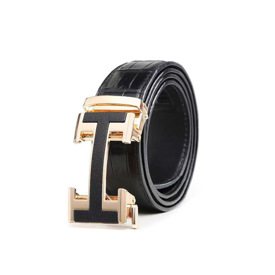 Men's Split Leather Ratchet Belt, Two-Tone H Letter Automatic Slide Buckle Dress Belt, Adjustable Hole-Free Waist Strap for Business Casual Jeans