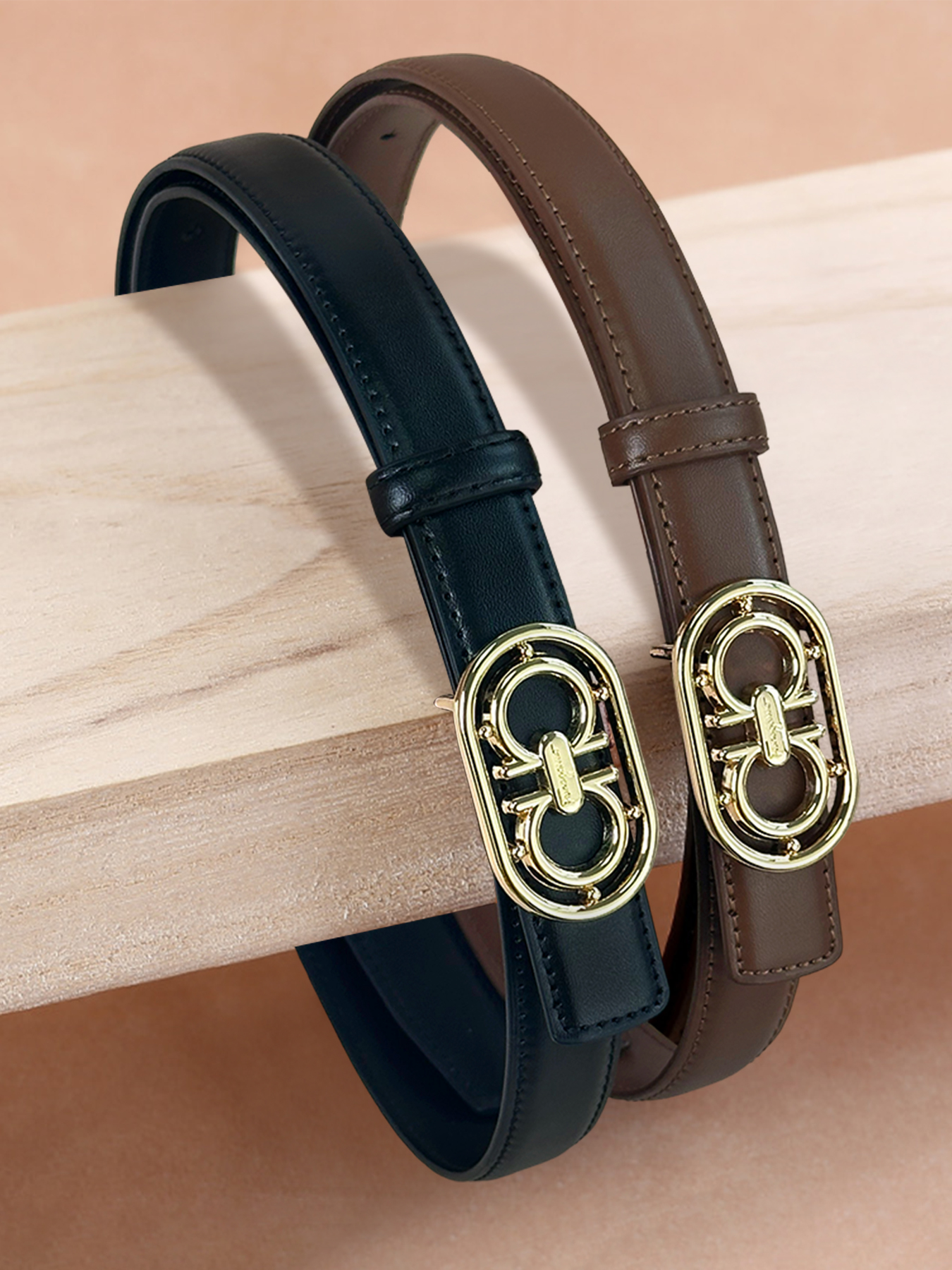 CCbelt Women's Gold Oval Frame Double-Ring Buckle Skinny Belt 2.5 Inches