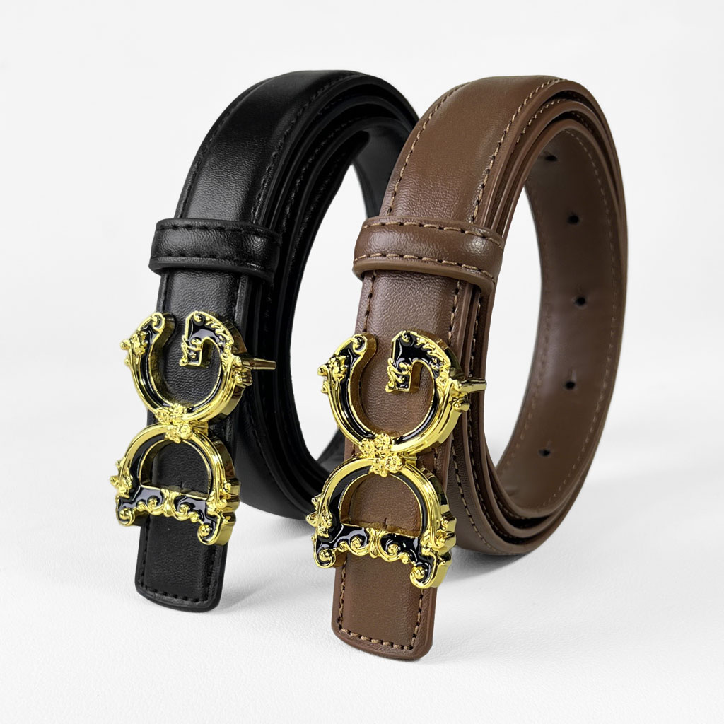 CCbelt Women's Gold Baroque Buckle with Black Enamel Skinny Belt 2.5 Inches
