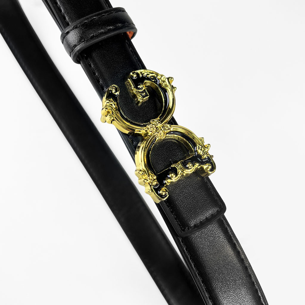 CCbelt Women's Gold Baroque Buckle with Black Enamel Skinny Belt 2.5 Inches