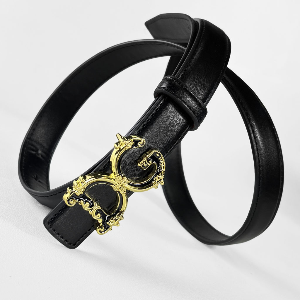 CCbelt Women's Gold Baroque Buckle with Black Enamel Skinny Belt 2.5 Inches