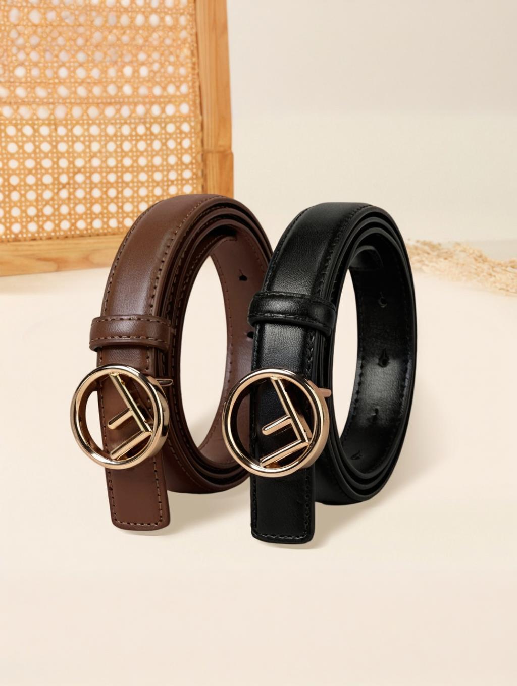 CCbelt Women's Gold Round F Monogram Buckle Skinny Belt 2.5 Inches