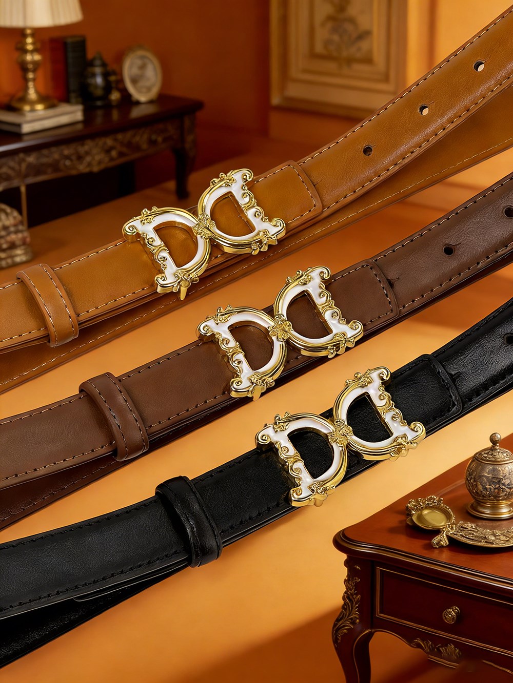 CCbelt Women's Silver Baroque DD Buckle Skinny Belt 2.5 Inches