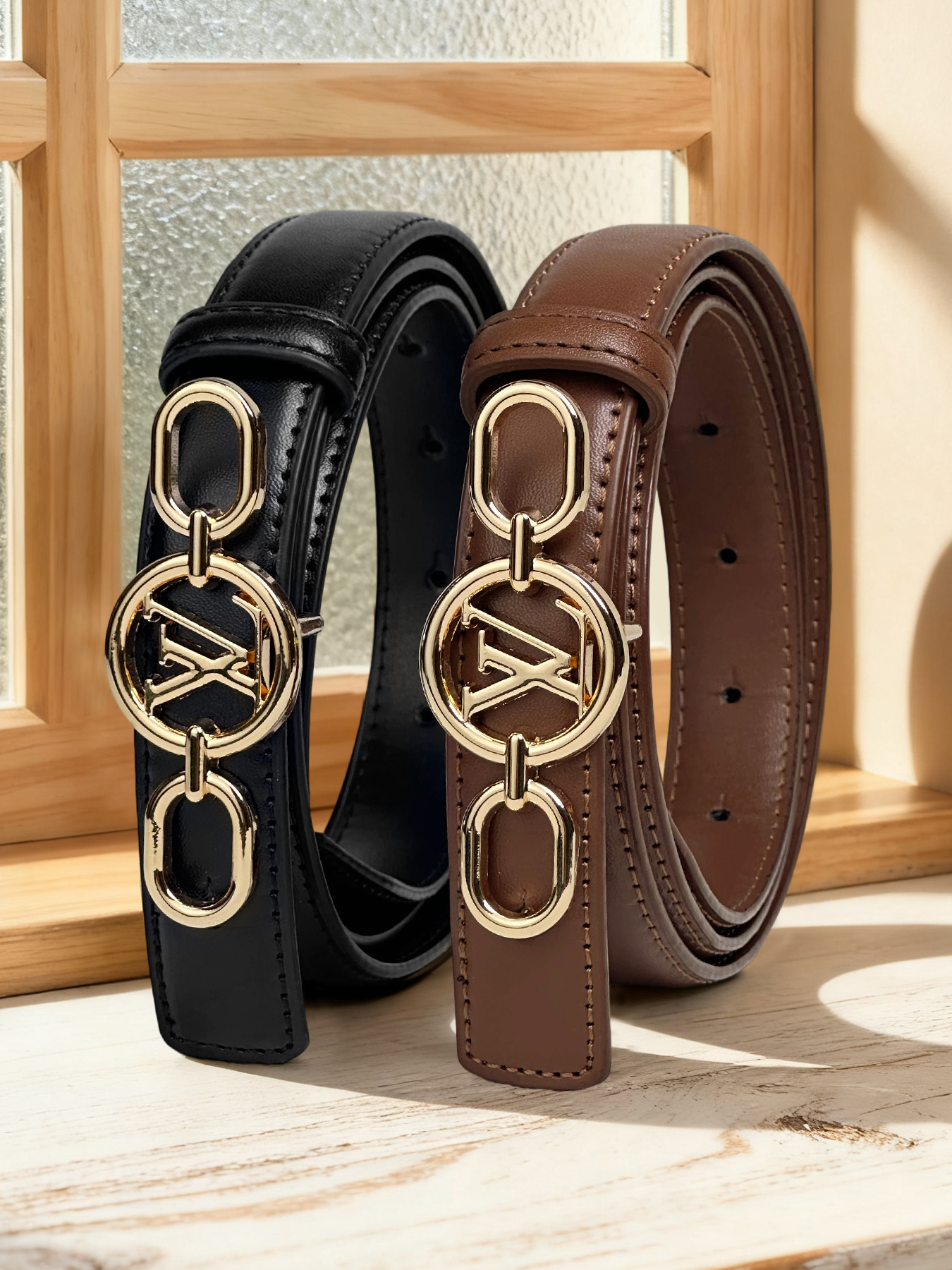 CCbelt Women's Gold Chain-Link Monogram Buckle Skinny Belt 2.5 Inches
