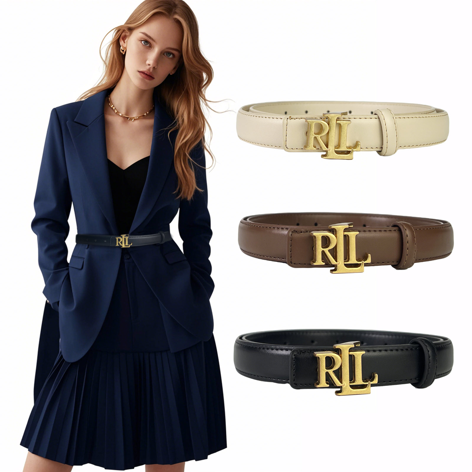 CCbelt Women's Antique Gold RL Letter Buckle Skinny Belt 2.5 Inches
