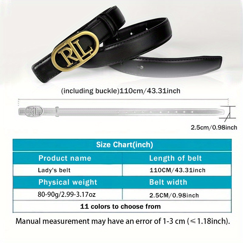 CCbelt Women's Gold Oval Frame RL Letter Buckle Skinny Belt 2.5 Inches