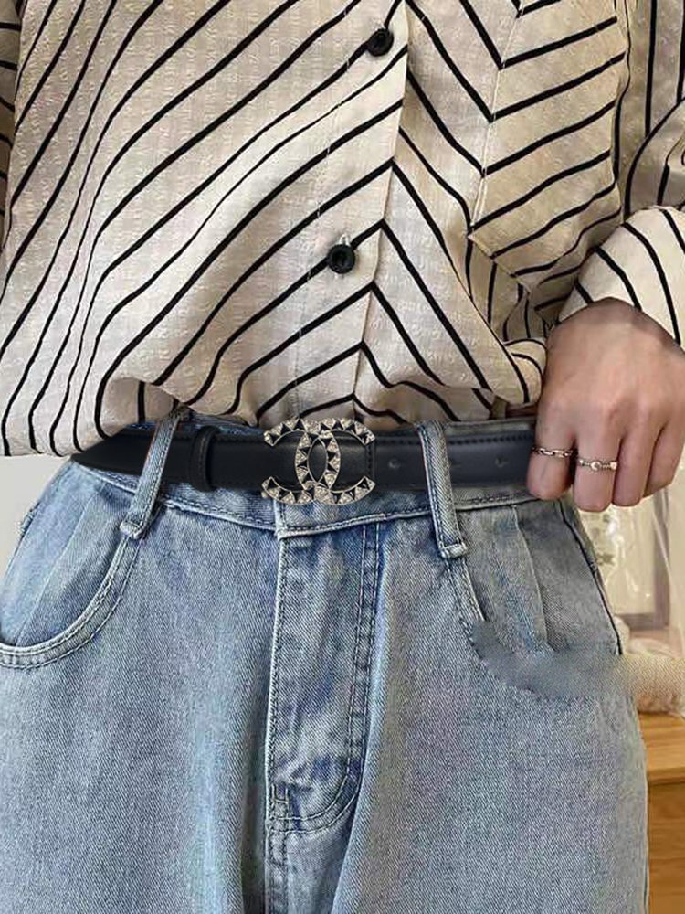 CCbelt Women's CC Buckle with Crystals & Black Enamel Skinny Belt 2.5 Inches
