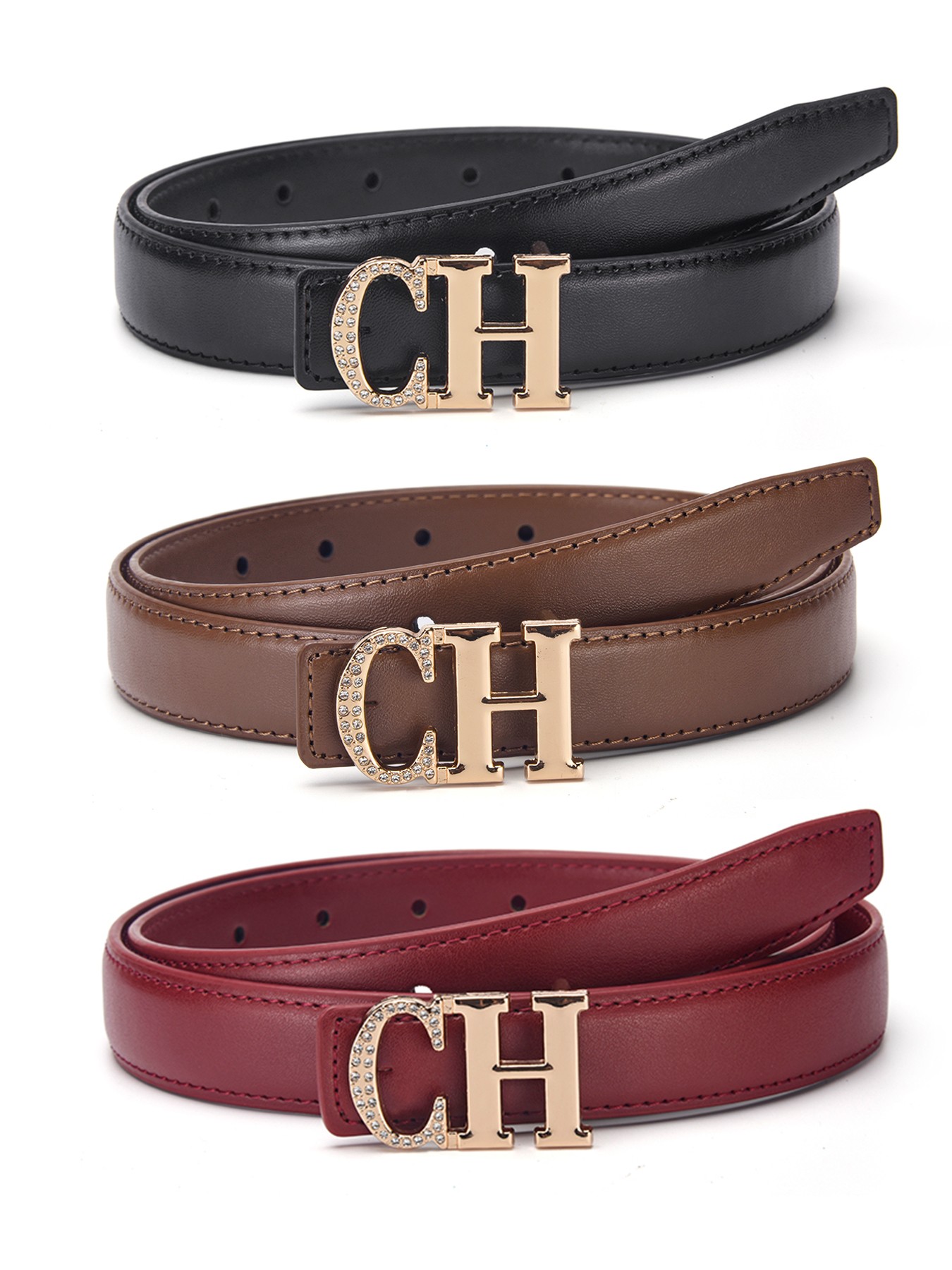 CCbelt Women's Gold CH Crystal Letter Buckle Skinny Belt 2.5 Inches
