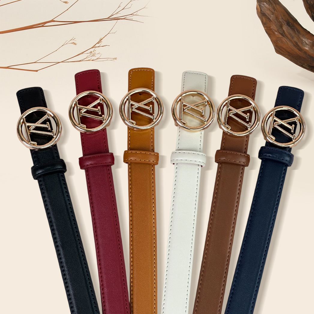 CCbelt Women's Gold Round LV Monogram Buckle Skinny Belt 2.5 Inches