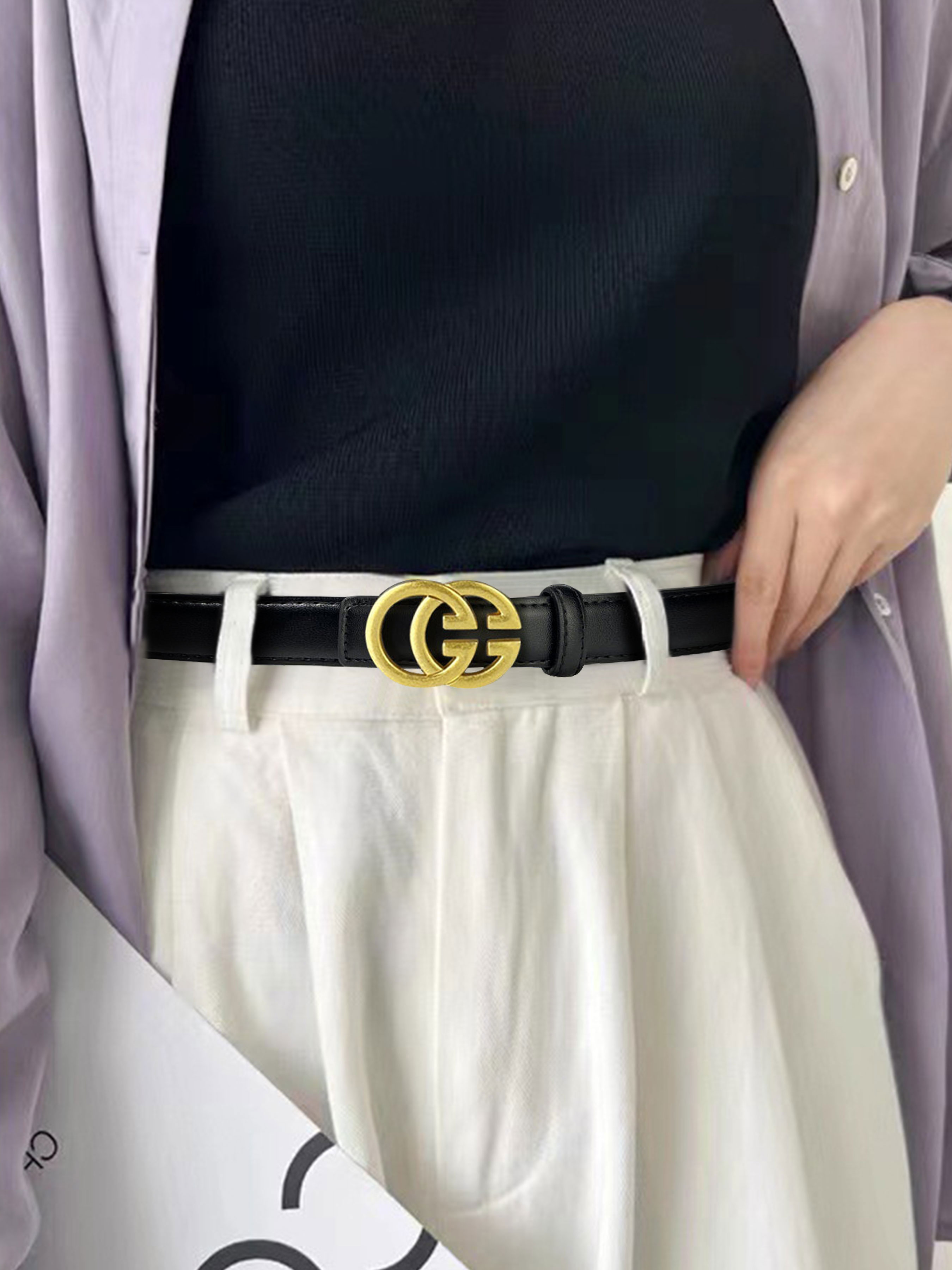 CCbelt Women's Antique Gold Interlocking GG Buckle Skinny Belt 2.5 Inches