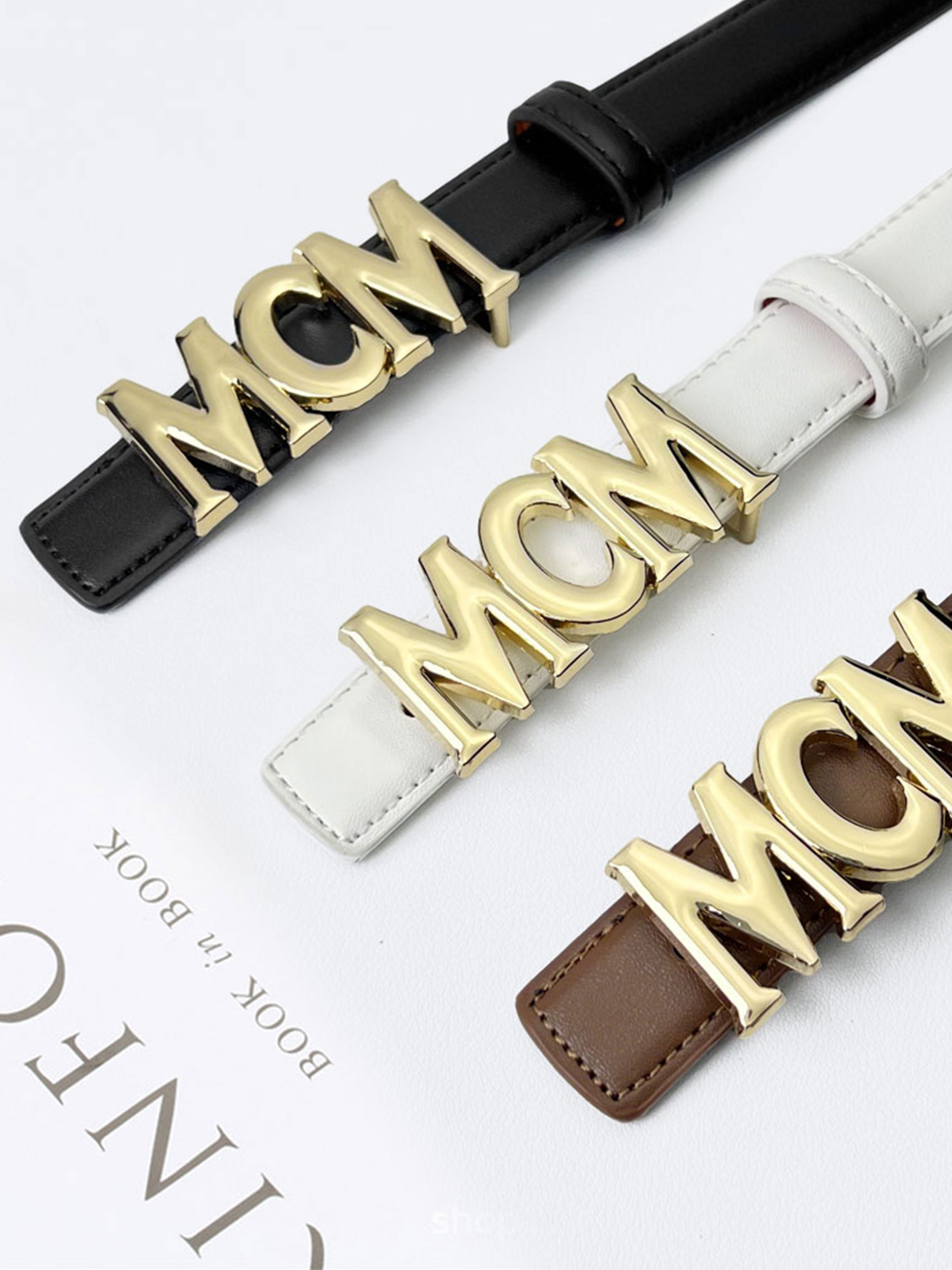 CCbelt Women's Gold MCM Letter Buckle Skinny Belt 2.5 Inches