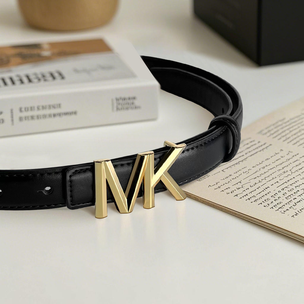 CCbelt Women's Gold MK Letter Plaque Buckle Skinny Belt 2.5 Inches