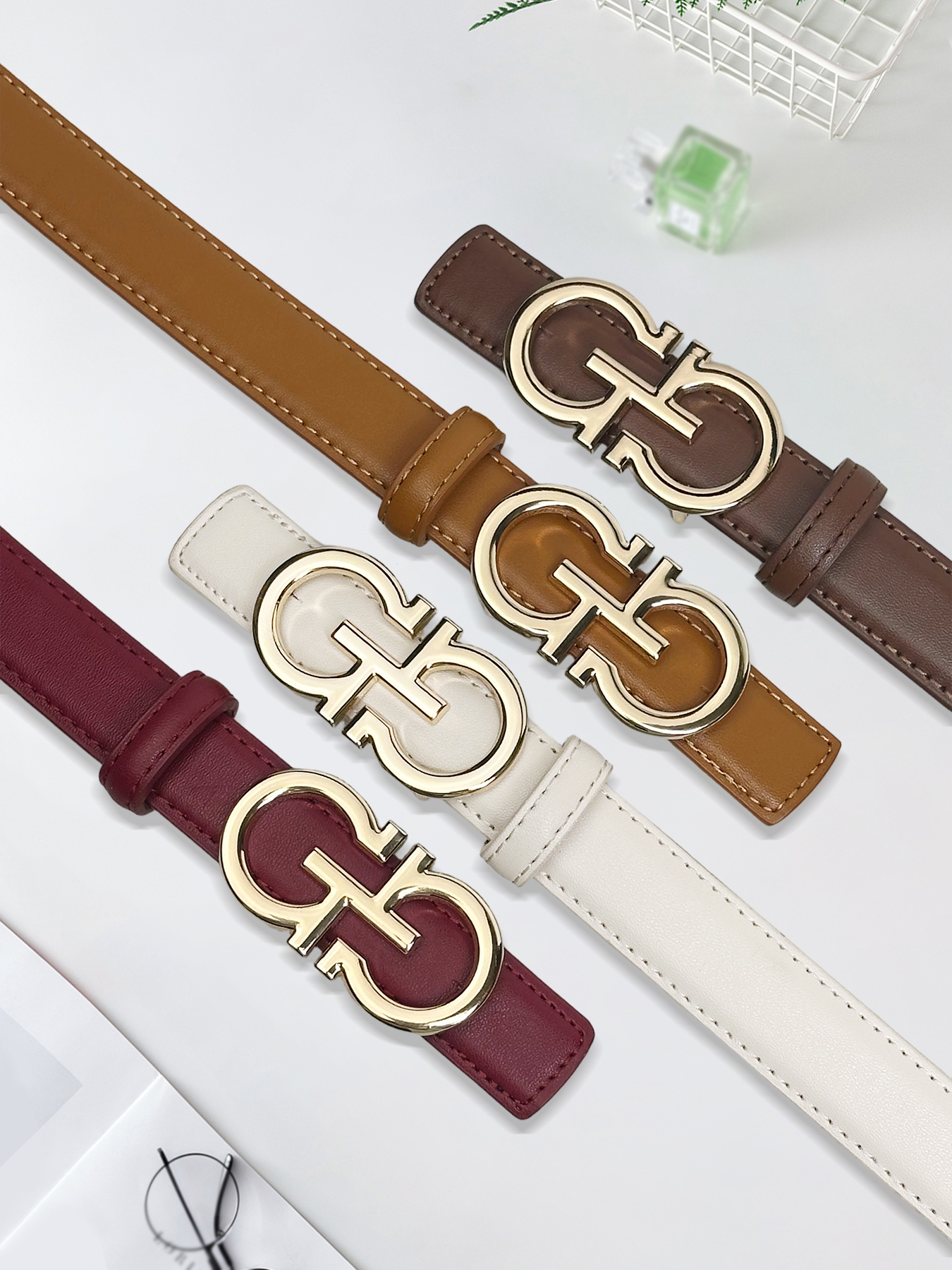 CCbelt Women's Gold Notched Double Hook Buckle Skinny Belt 2.5 Inches