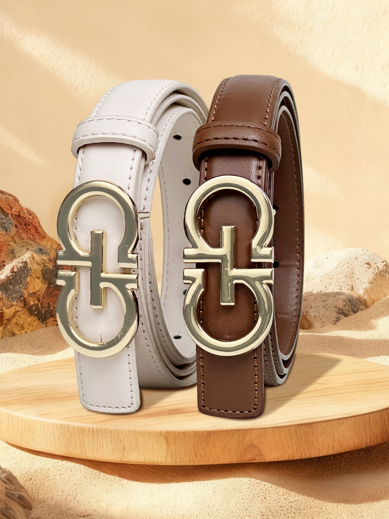 CCbelt Women's Gold Notched Double Hook Buckle Skinny Belt 2.5 Inches