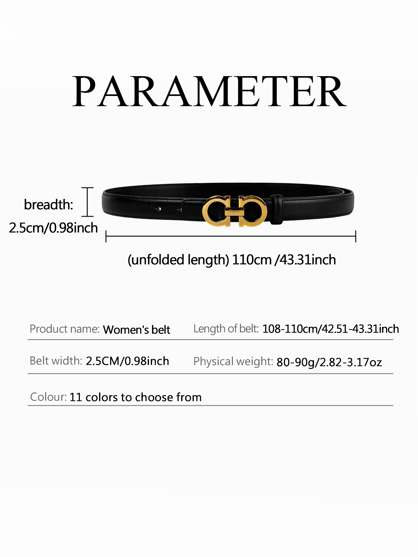 CCbelt Women's Polished Gold Double Hook Buckle Skinny Belt 2.5 Inches