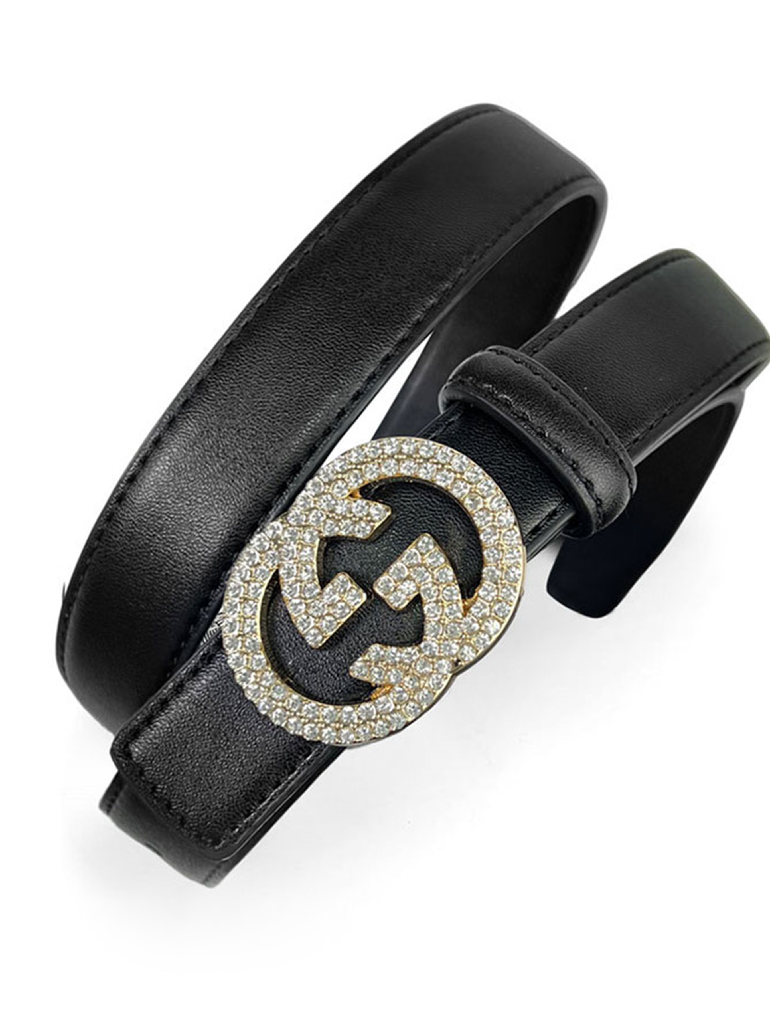 CCbelt Women's Crystal Paved GG Oval Buckle Skinny Belt 2.5 Inches