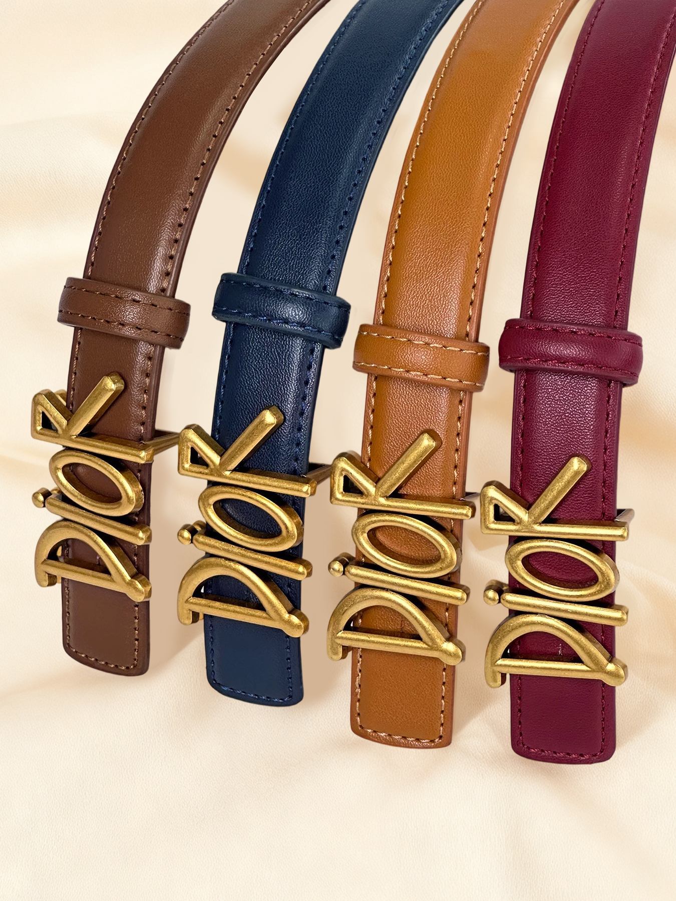 CCbelt Women's Antique Gold Slanted Script Buckle Skinny Belt 2.5 Inches