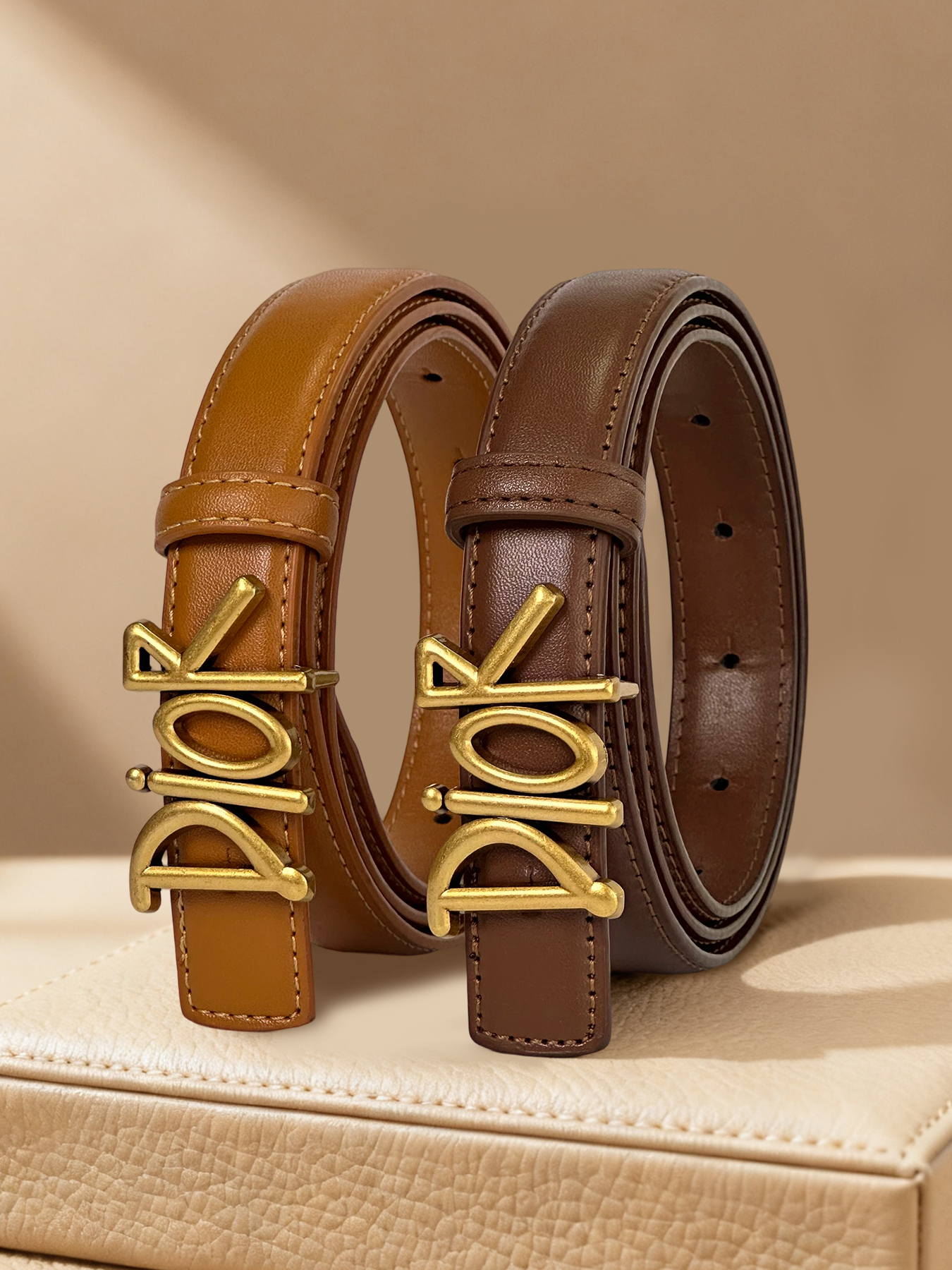 CCbelt Women's Antique Gold Slanted Script Buckle Skinny Belt 2.5 Inches