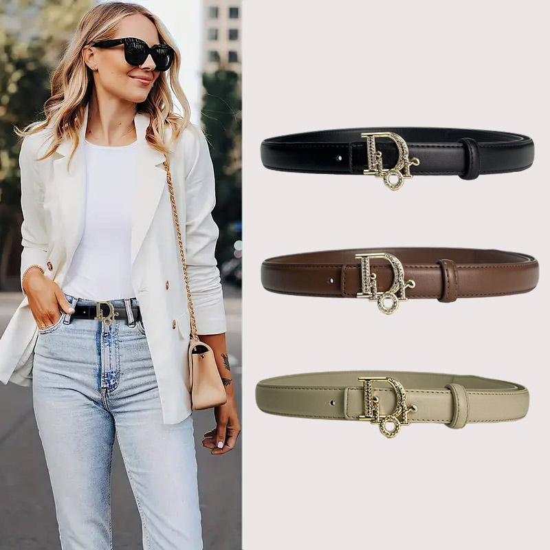 CCbelt Women's Crystal D Letter Buckle Skinny Belt 2.5 Inches