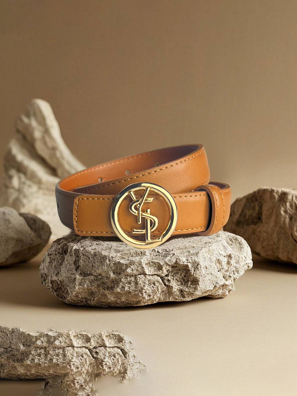 CCbelt Women's Gold Round YSL Buckle Skinny Belt 2.5 Inches