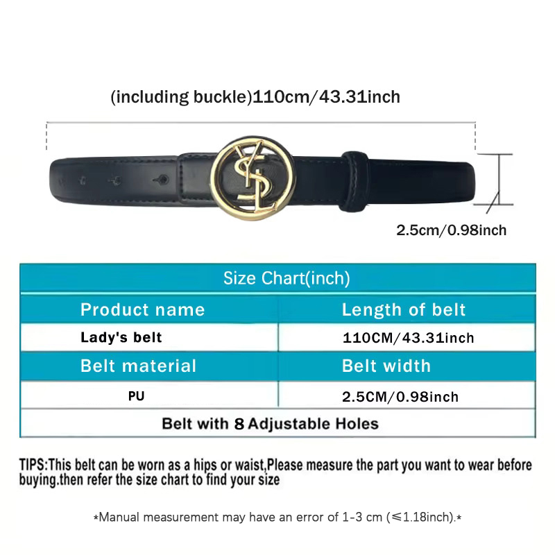 CCbelt Women's Gold Round YSL Buckle Skinny Belt 2.5 Inches