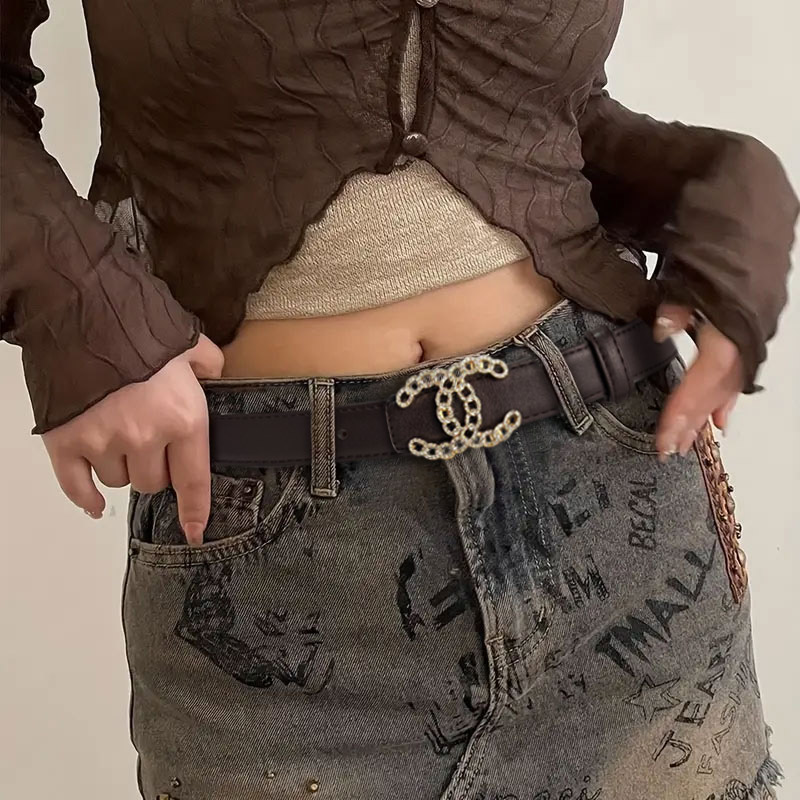 CCbelt Women's Crystal Paved Openwork CC Buckle Skinny Belt 2.5 Inches