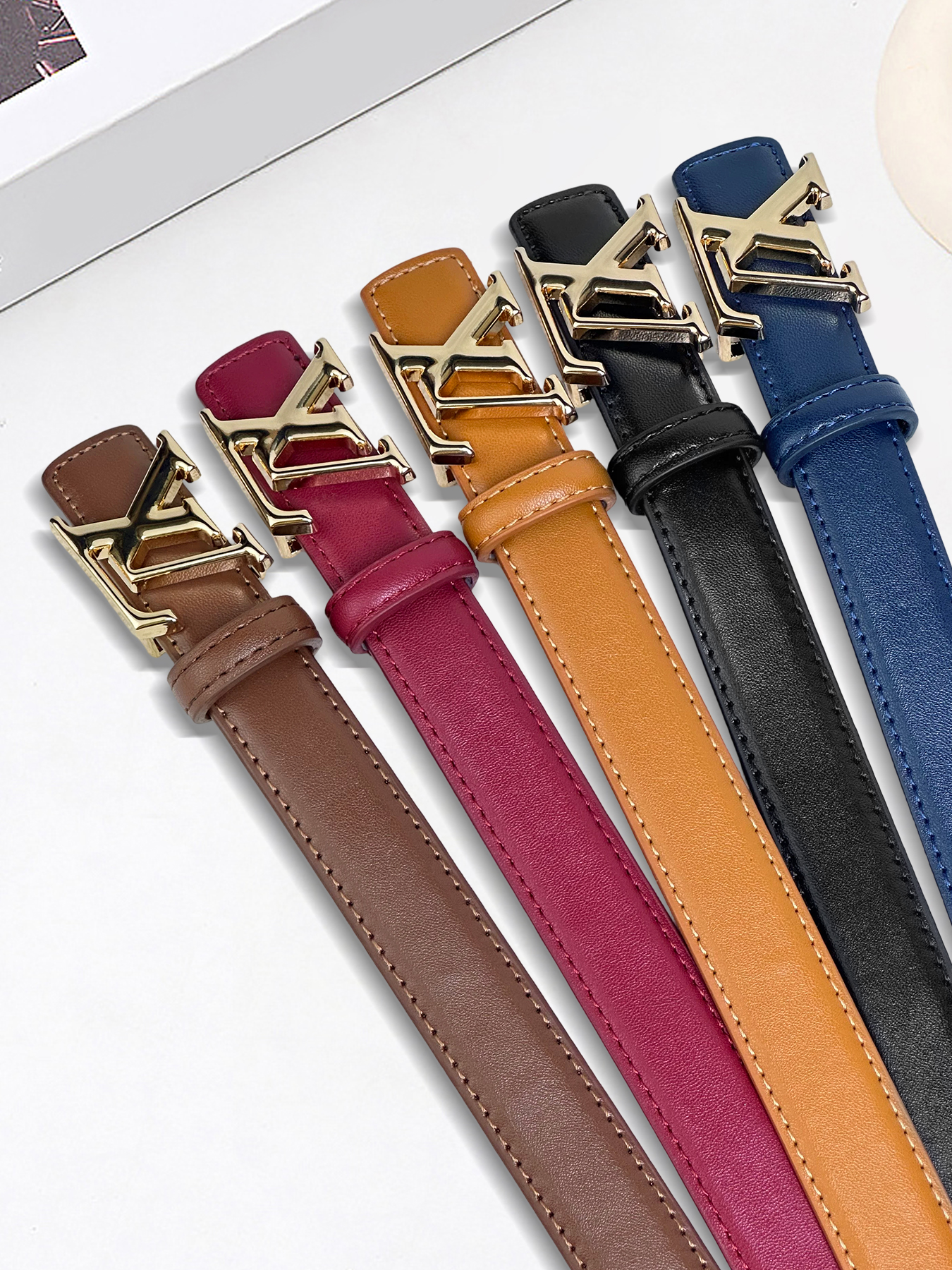 CCbelt Women's Gold LV Letter Buckle Skinny Belt 2.5 Inches