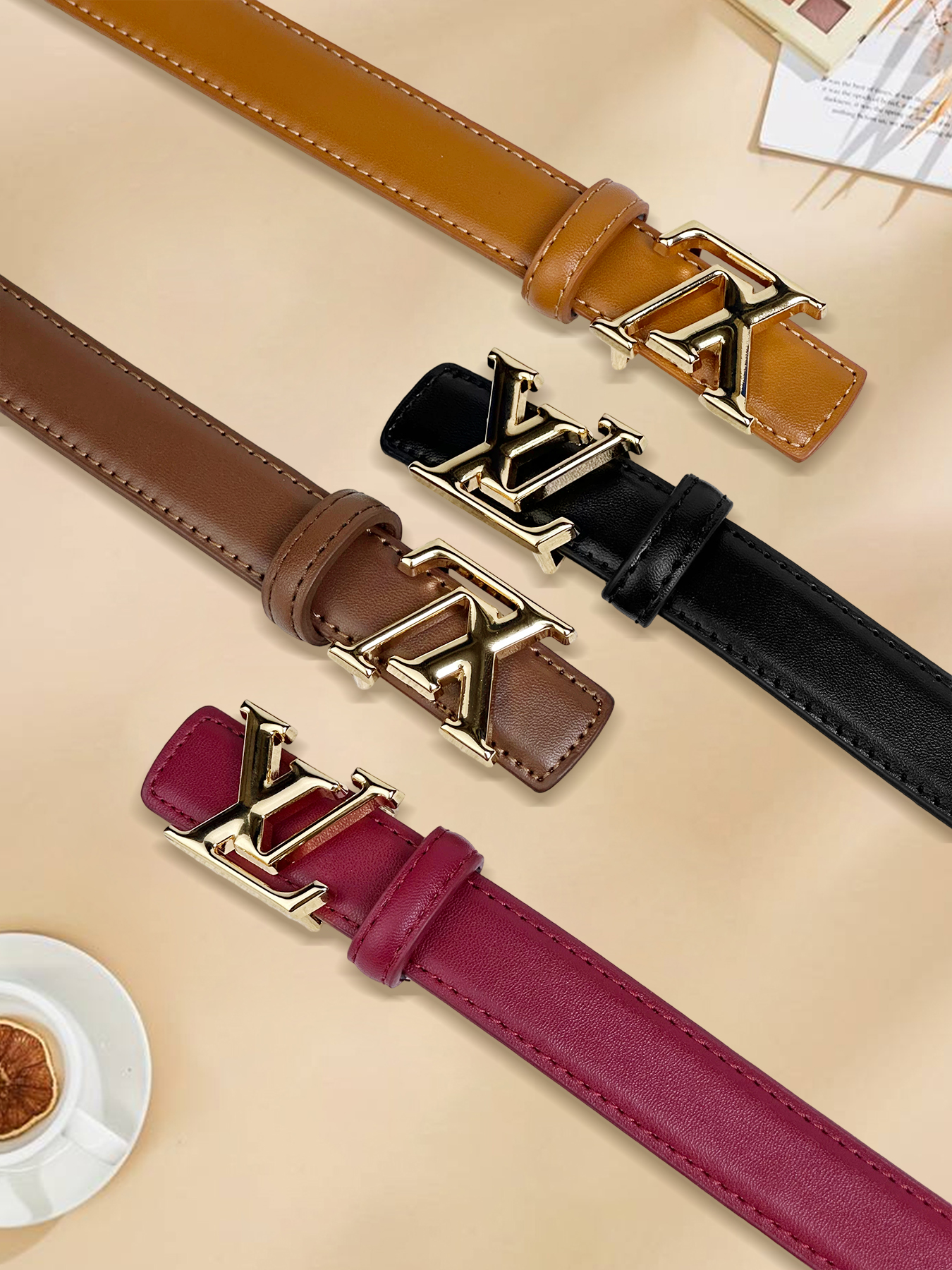 CCbelt Women's Gold LV Letter Buckle Skinny Belt 2.5 Inches