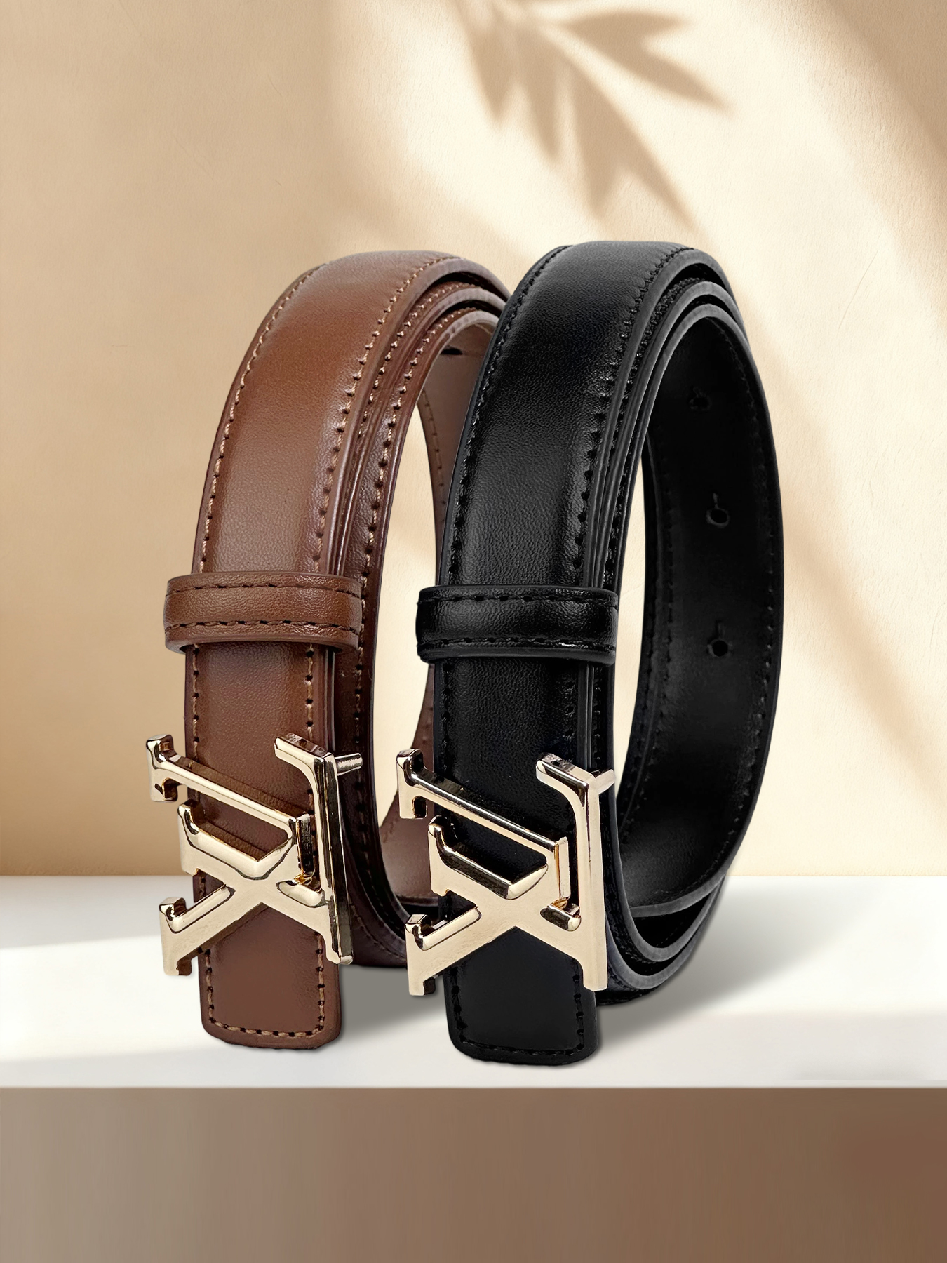 CCbelt Women's Gold LV Letter Buckle Skinny Belt 2.5 Inches