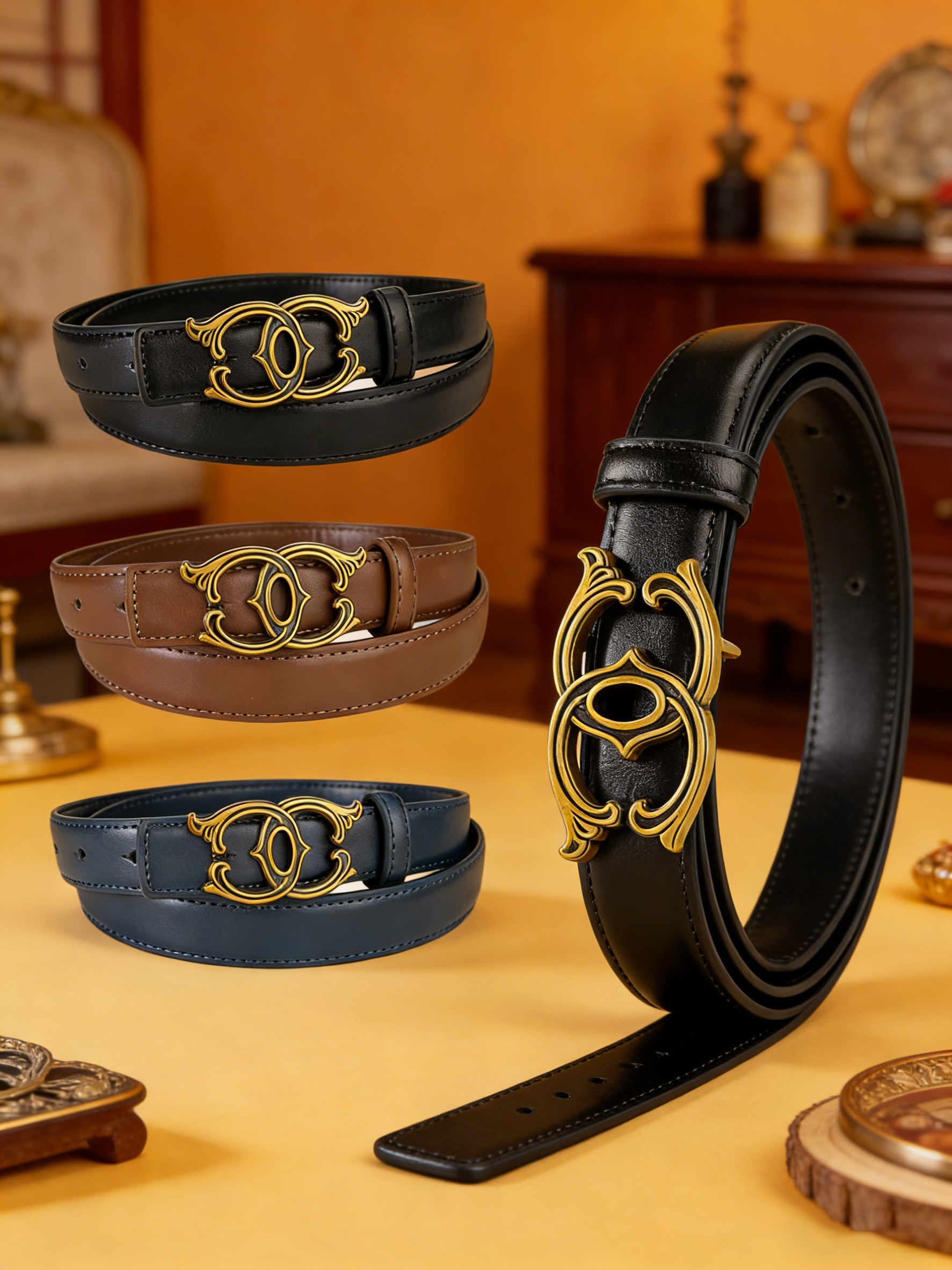 CCbelt Women's Scroll Border CC Buckle Skinny Belt 2.5 Inches