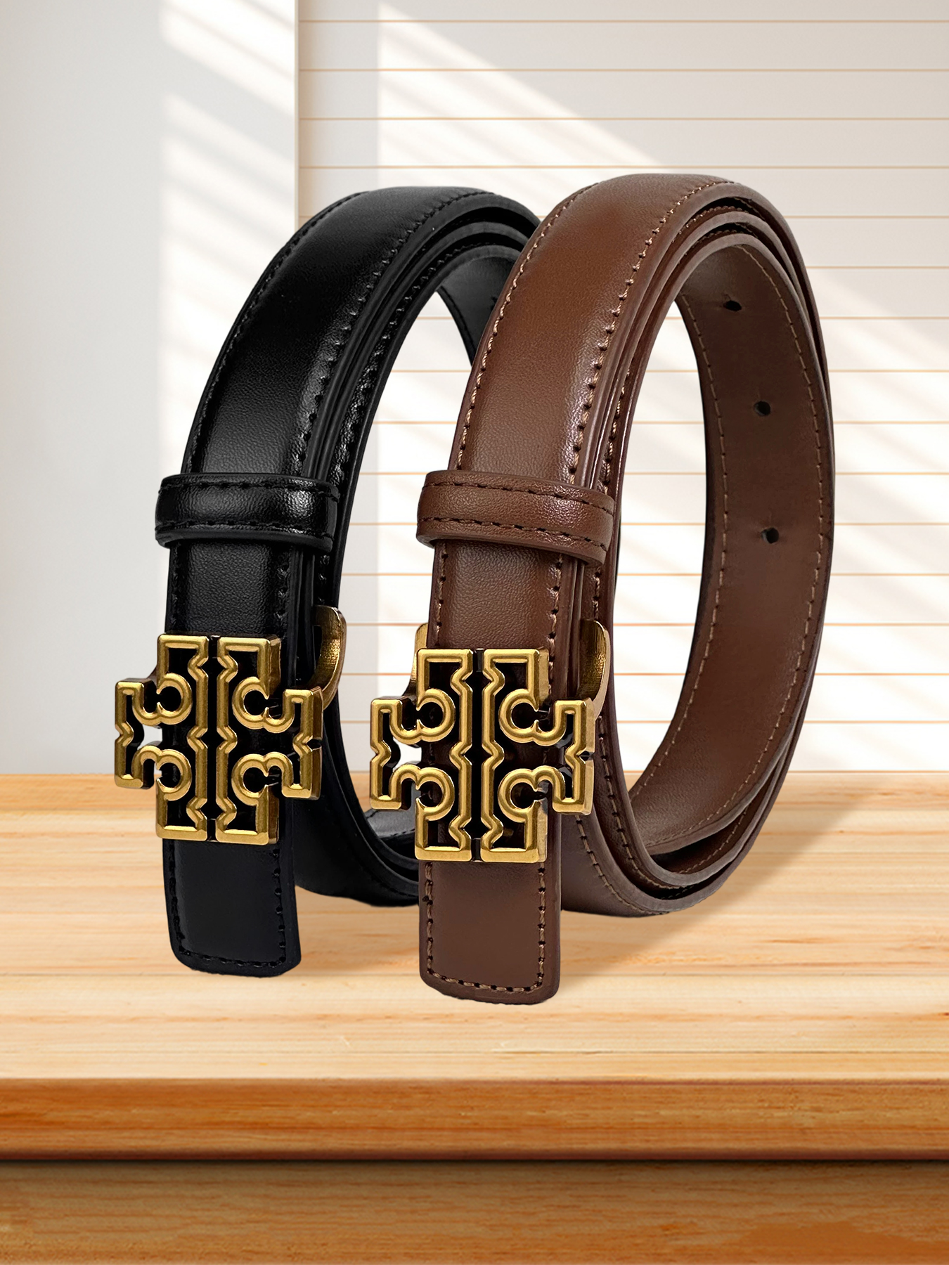 CCbelt Women's Antique Gold Openwork Logo Plaque Buckle Skinny Belt 2.5 Inches