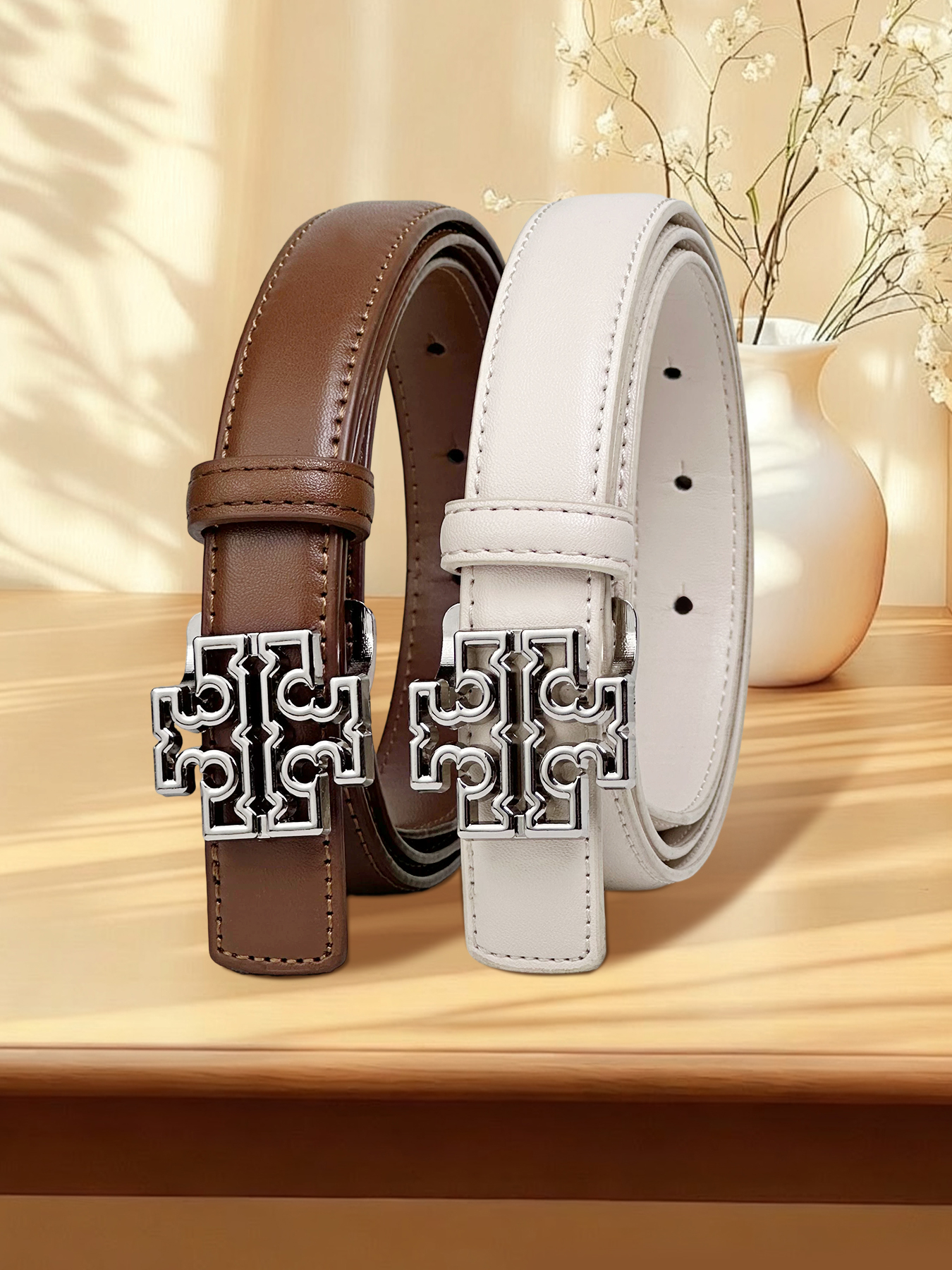 CCbelt Women's Silver Openwork Logo Plaque Buckle Skinny Belt 2.5 Inches